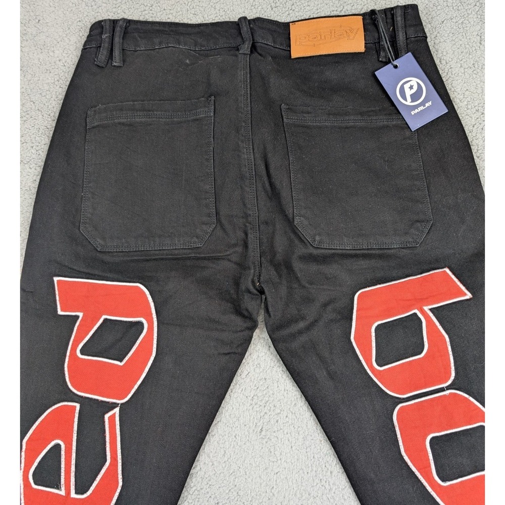 Parlay Jeans Mens 34x32 Suited‎ Booted Black Red Denim Distressed Skinny New